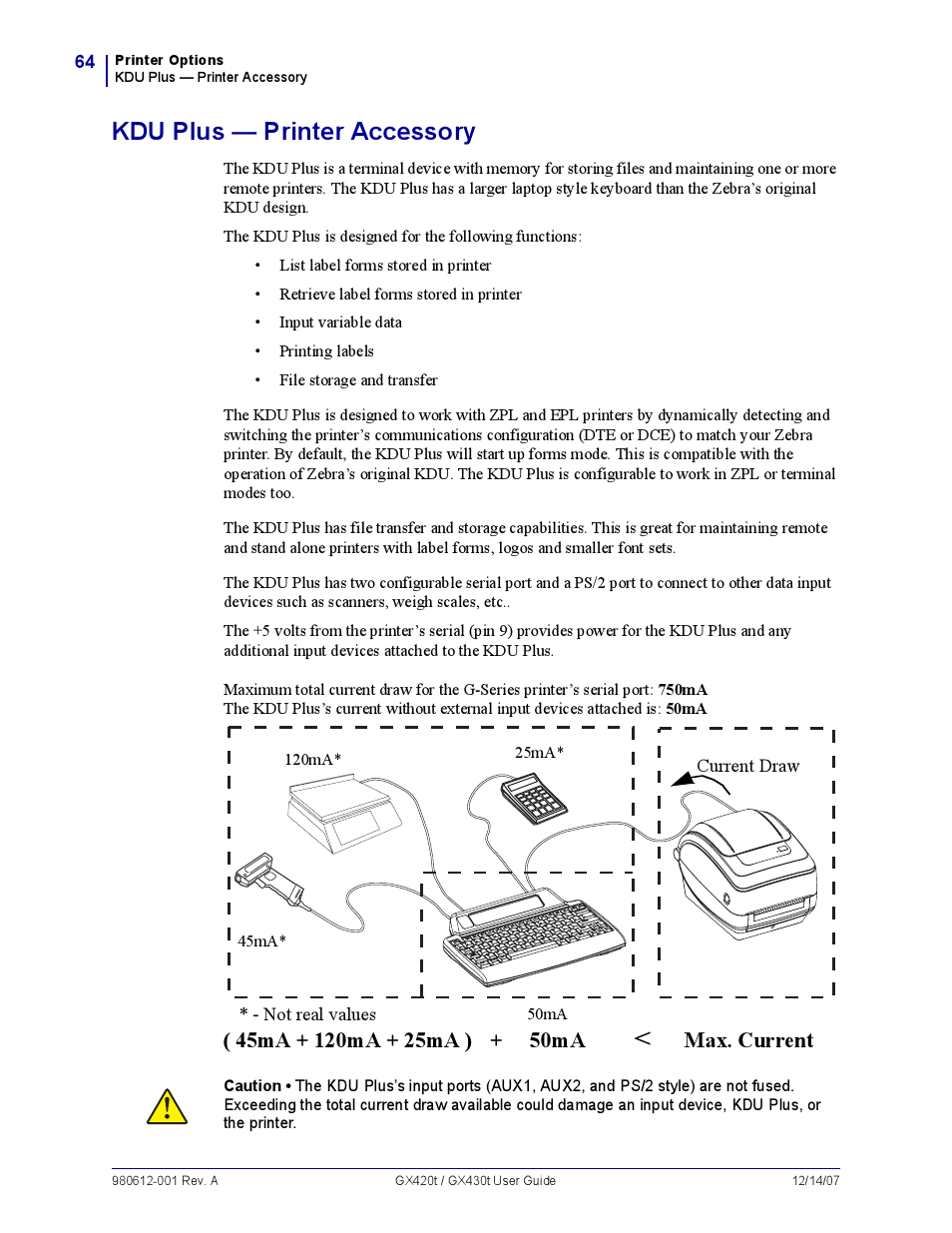 Kdu plus - printer accessory, Kdu plus — printer accessory, Max. current | Zebra Technologies GX420T User Manual | Page 76 / 108