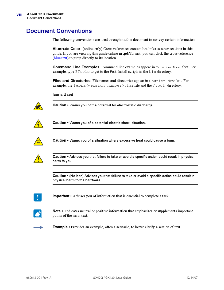 Document conventions | Zebra Technologies GX420T User Manual | Page 8 / 108