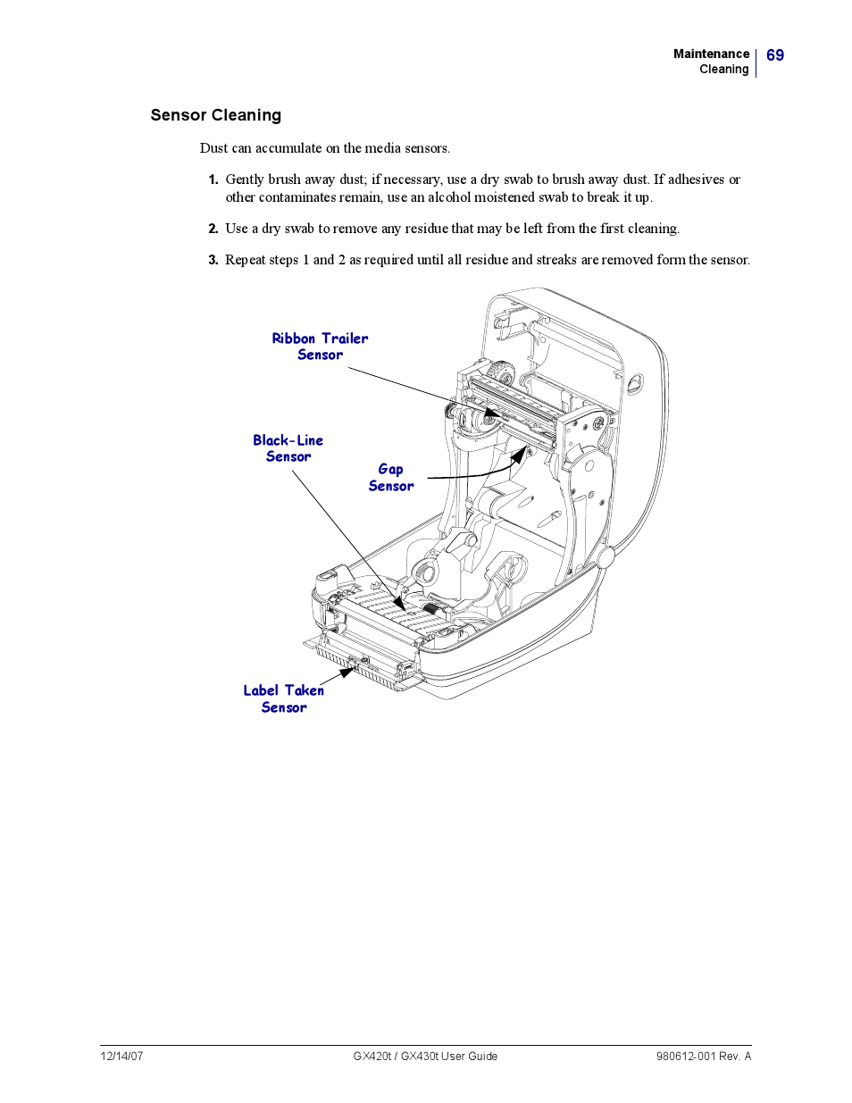 Sensor cleaning | Zebra Technologies GX420T User Manual | Page 81 / 108