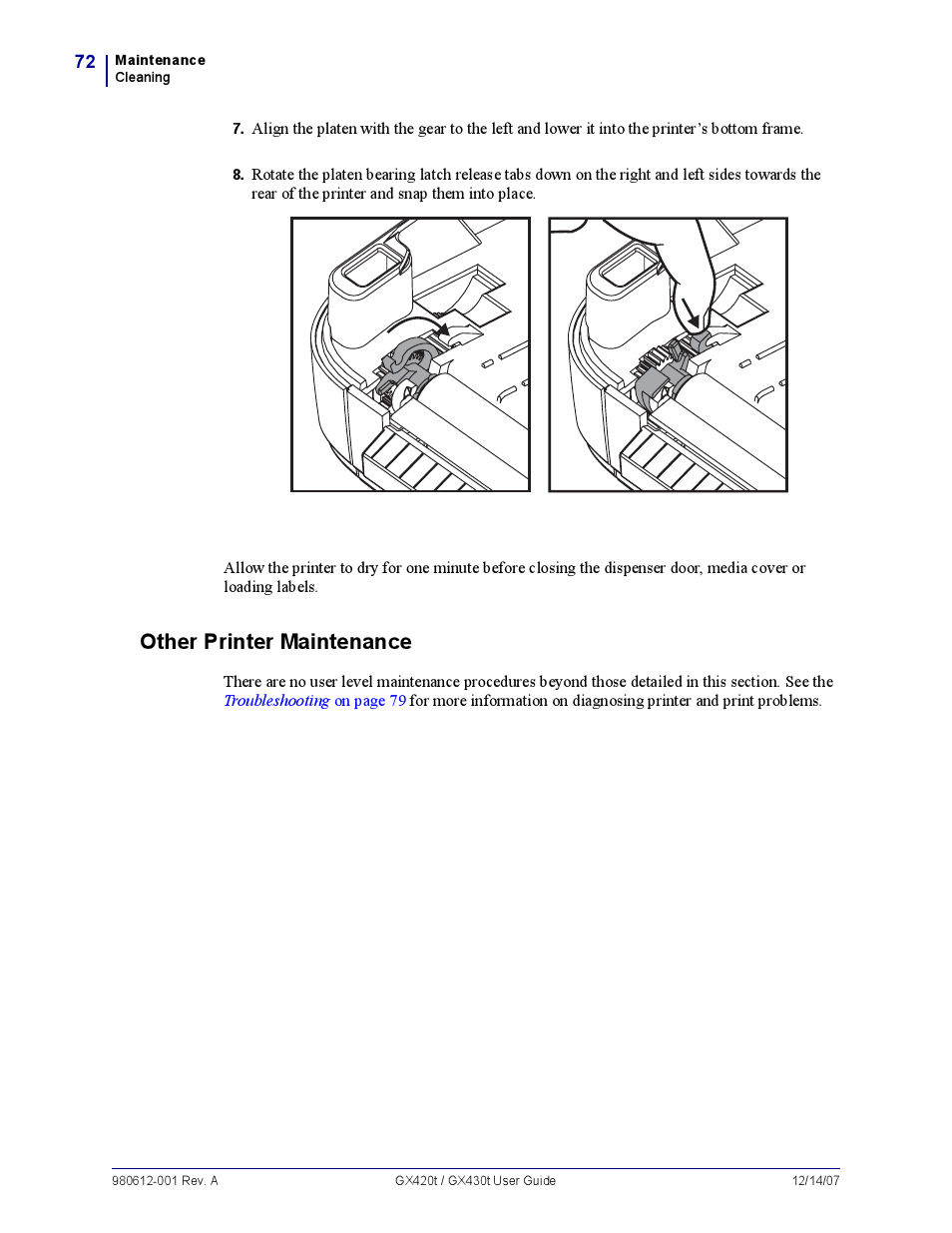 Other printer maintenance | Zebra Technologies GX420T User Manual | Page 84 / 108