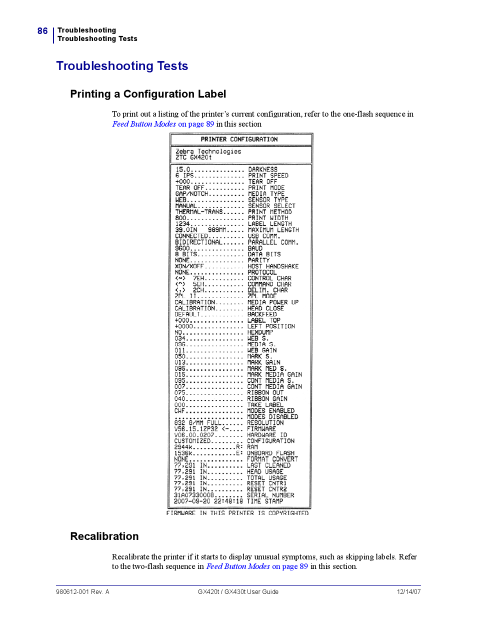 Troubleshooting tests, Printing a configuration label, Recalibration | Zebra Technologies GX420T User Manual | Page 98 / 108