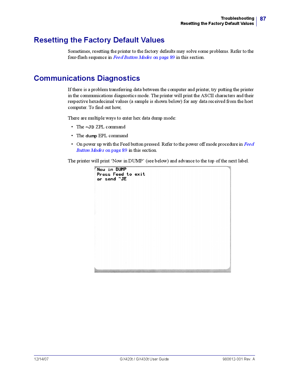 Resetting the factory default values, Communications diagnostics, Com munications diagnostics | Zebra Technologies GX420T User Manual | Page 99 / 108