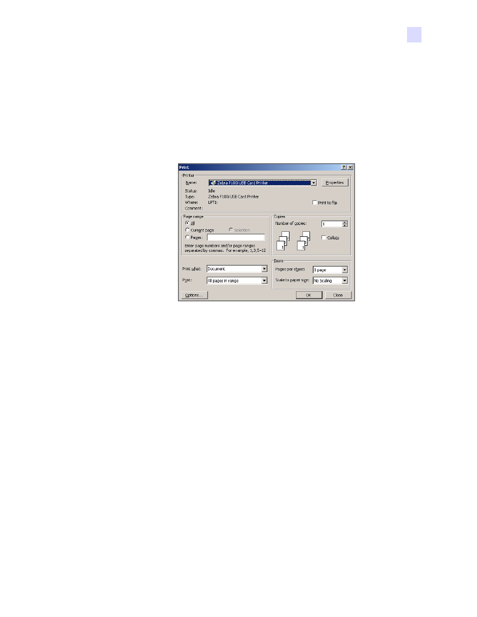 Printing a sample card | Zebra Technologies P100iTM User Manual | Page 43 / 76
