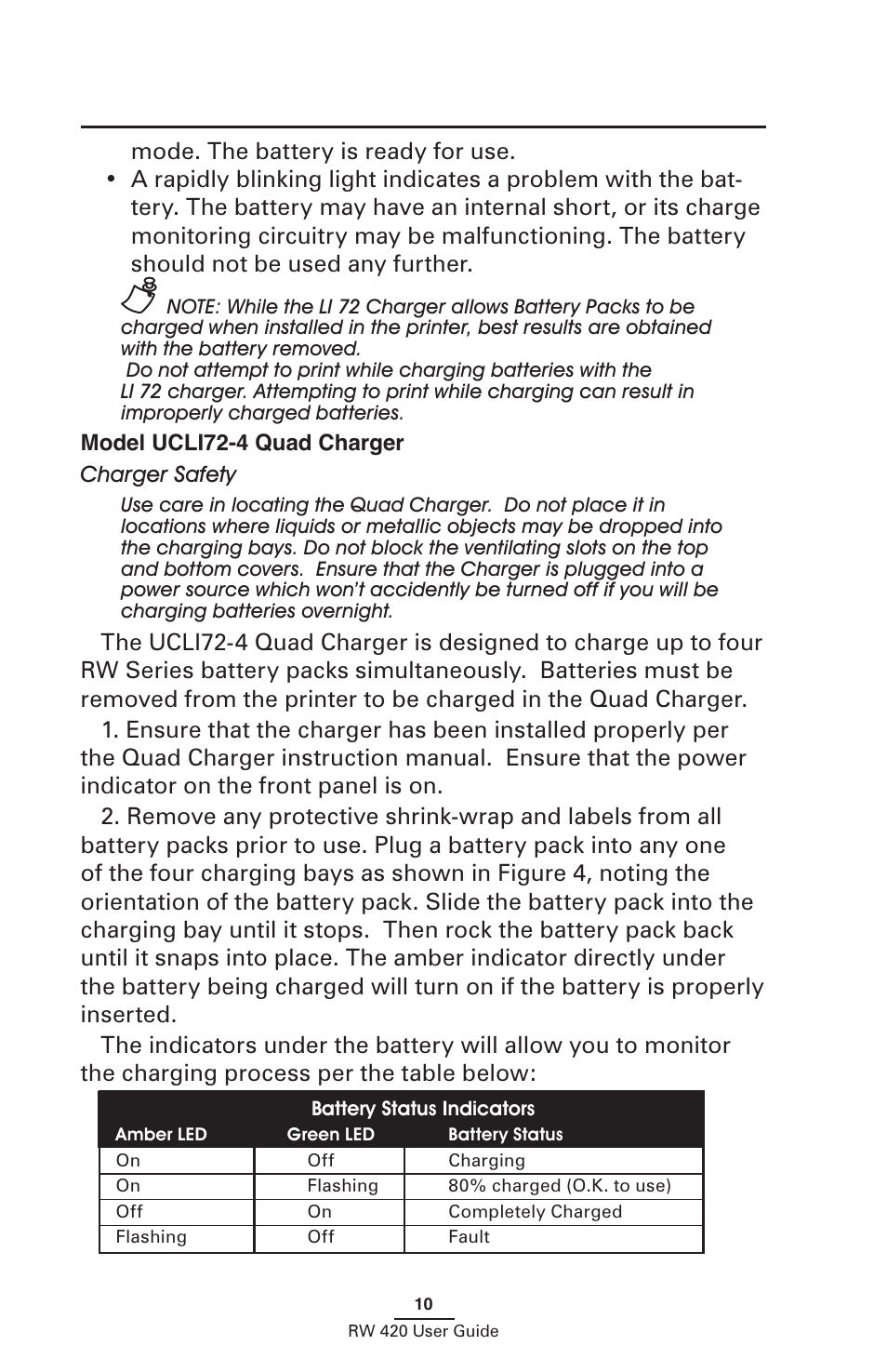 Model ucli72-4 quad charger, Charger safety | Zebra Technologies LI 72 User Manual | Page 10 / 62