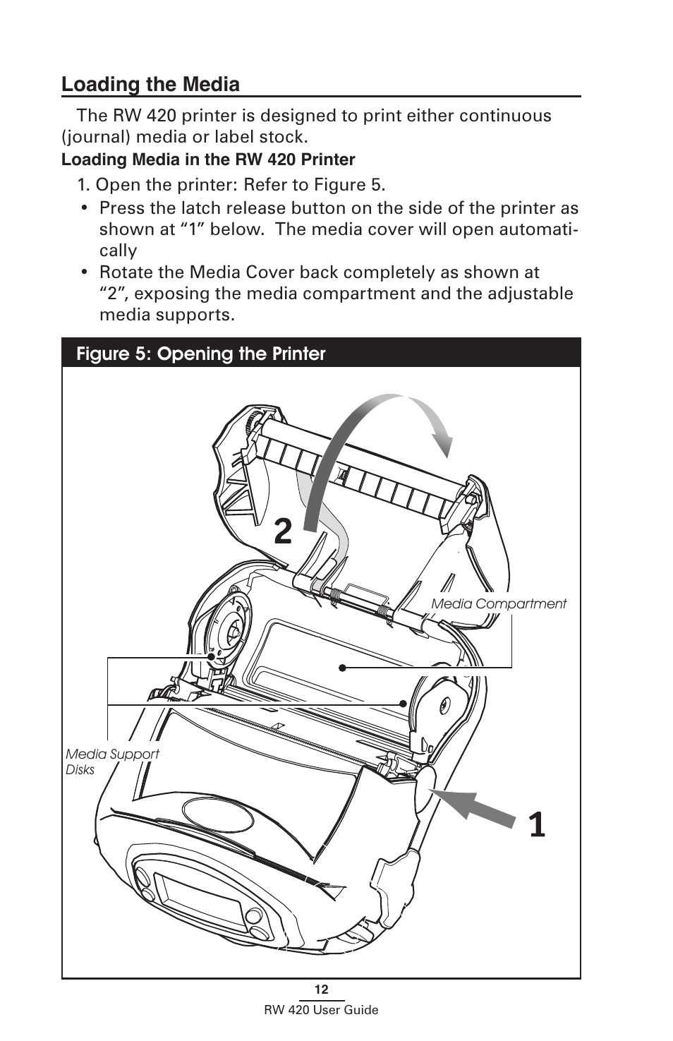 Loading the media, Loading media in the rw 420 printer | Zebra Technologies LI 72 User Manual | Page 12 / 62