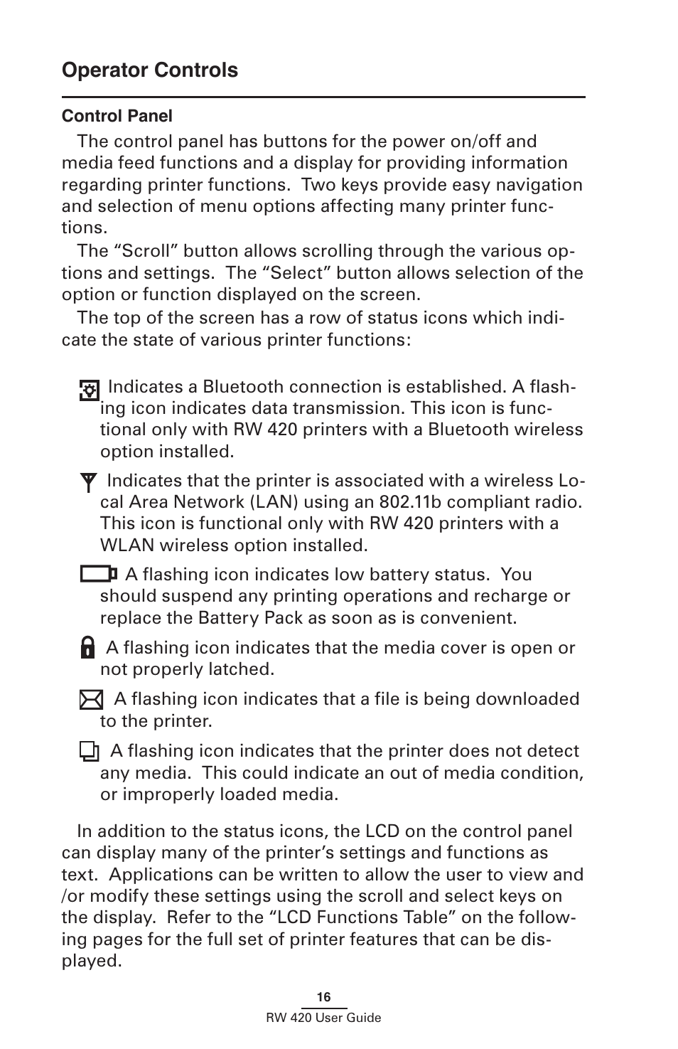 Operator controls, Control panel | Zebra Technologies LI 72 User Manual | Page 16 / 62