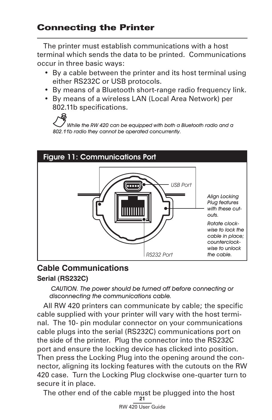 Connecting the printer, Cable communications, Serial (rs232c) | Zebra Technologies LI 72 User Manual | Page 21 / 62