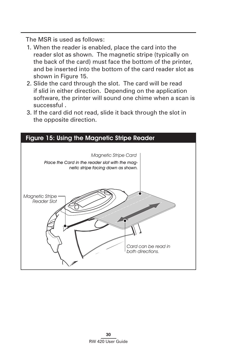 Figure 15: using the magnetic stripe reader | Zebra Technologies LI 72 User Manual | Page 30 / 62