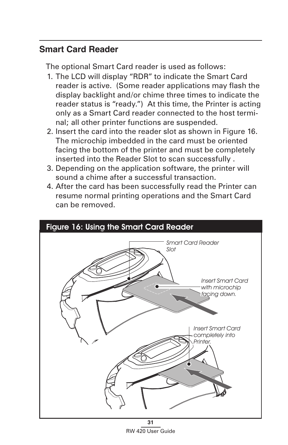 Smart card reader, Figure 16: using the smart card reader | Zebra Technologies LI 72 User Manual | Page 31 / 62