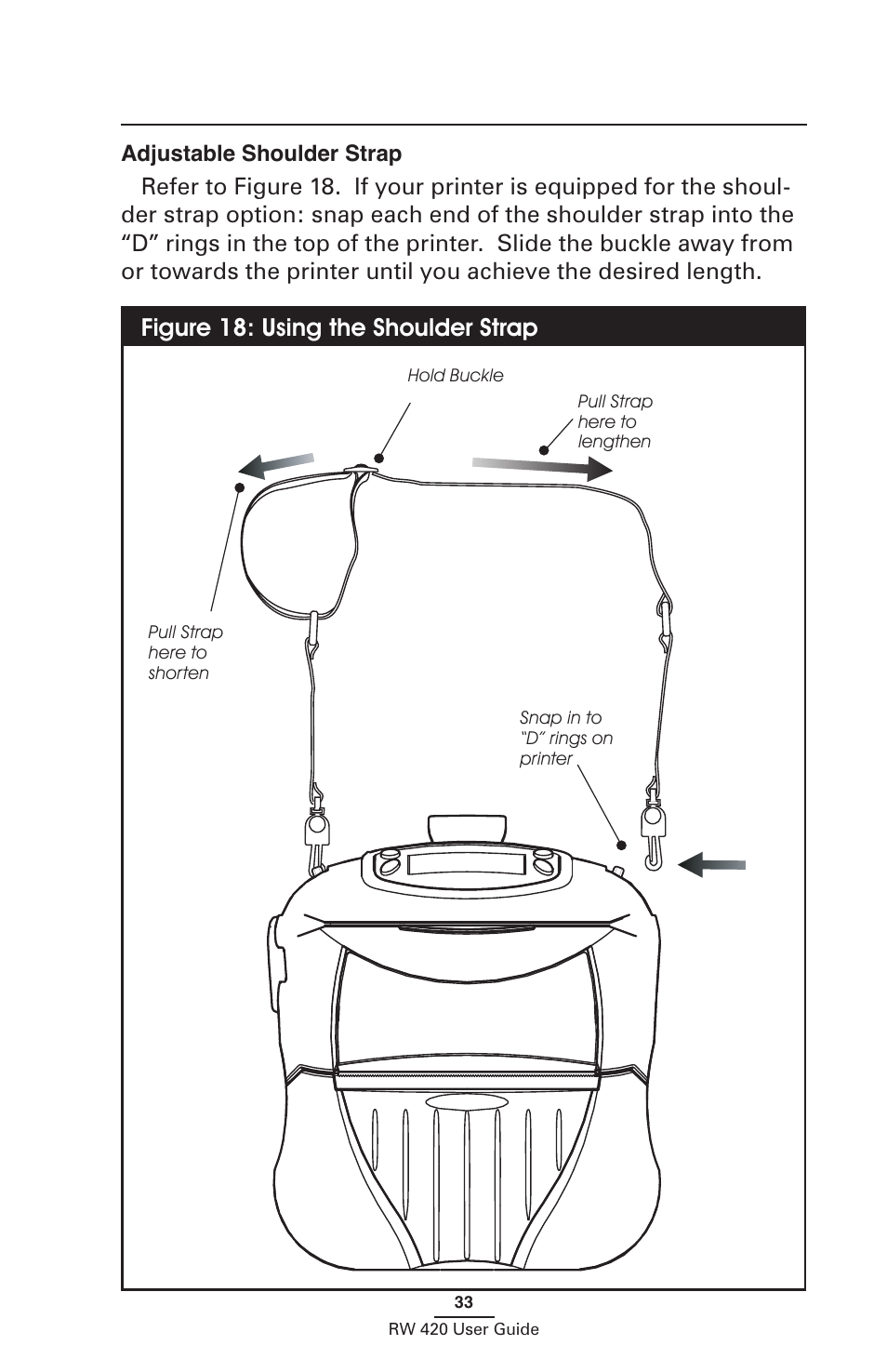 Adjustable shoulder strap, Figure 18: using the shoulder strap | Zebra Technologies LI 72 User Manual | Page 33 / 62