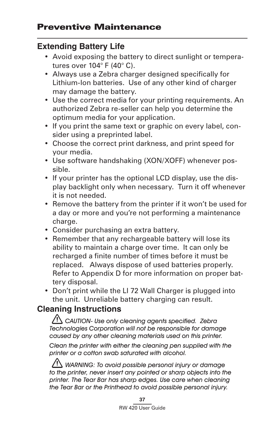 Preventive maintenance, Extending battery life, Cleaning instructions | Extending battery life cleaning instructions, Preventive maintenance extending battery life | Zebra Technologies LI 72 User Manual | Page 37 / 62