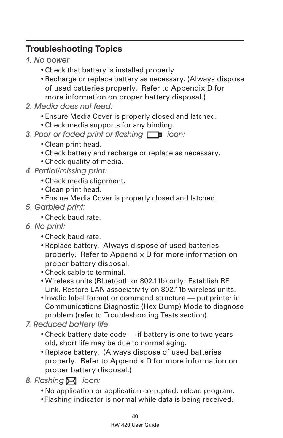 Troubleshooting topics | Zebra Technologies LI 72 User Manual | Page 40 / 62