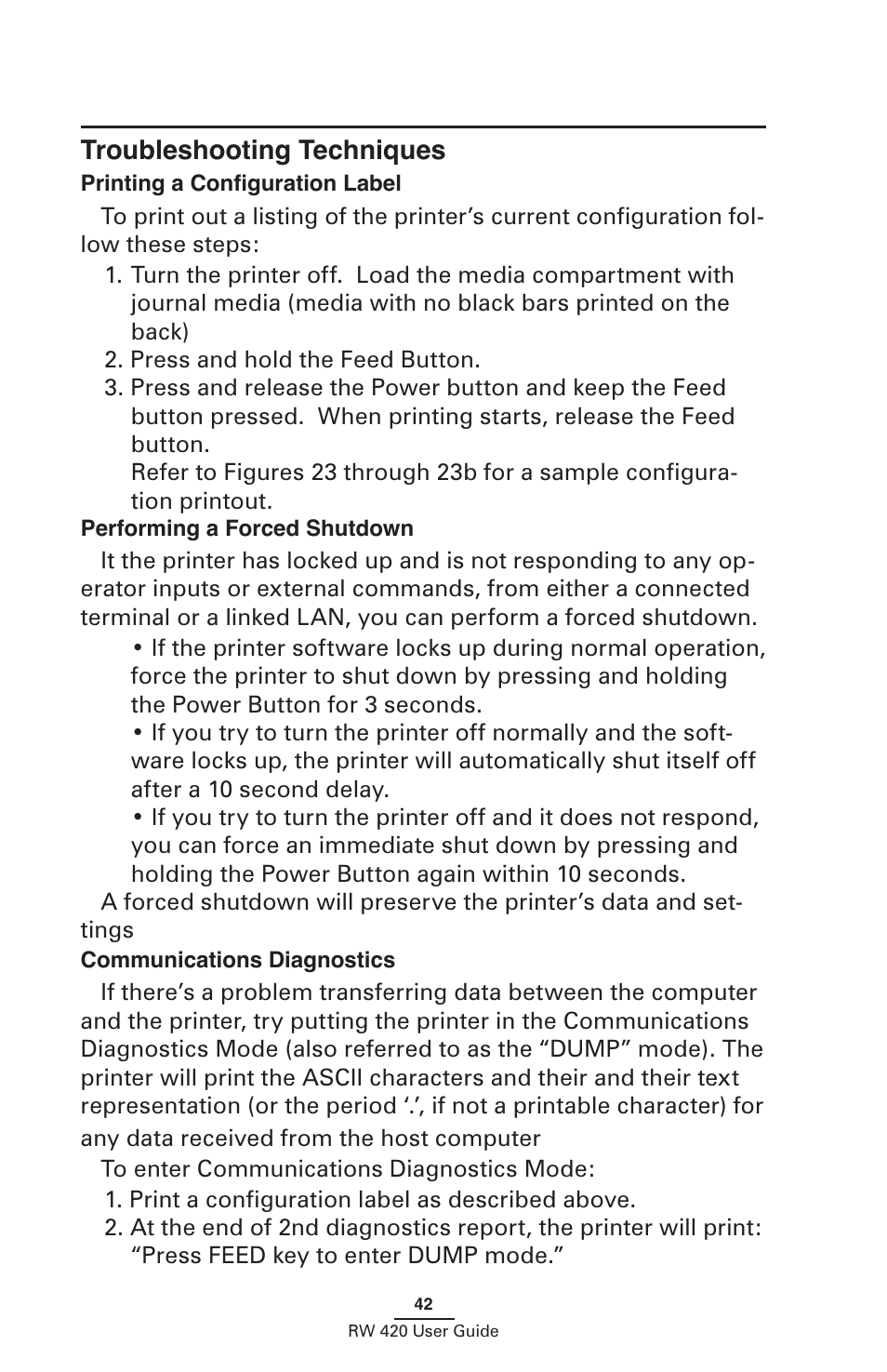 Troubleshooting techniques, Printing a configuration label, Performing a forced shutdown | Communications diagnostics | Zebra Technologies LI 72 User Manual | Page 42 / 62