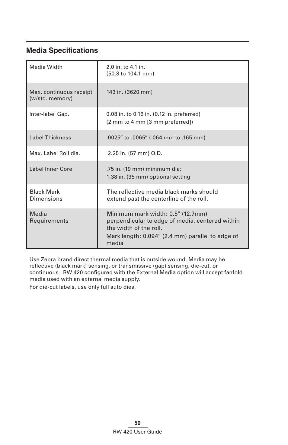 Media specifications, Media speciﬁcations | Zebra Technologies LI 72 User Manual | Page 50 / 62