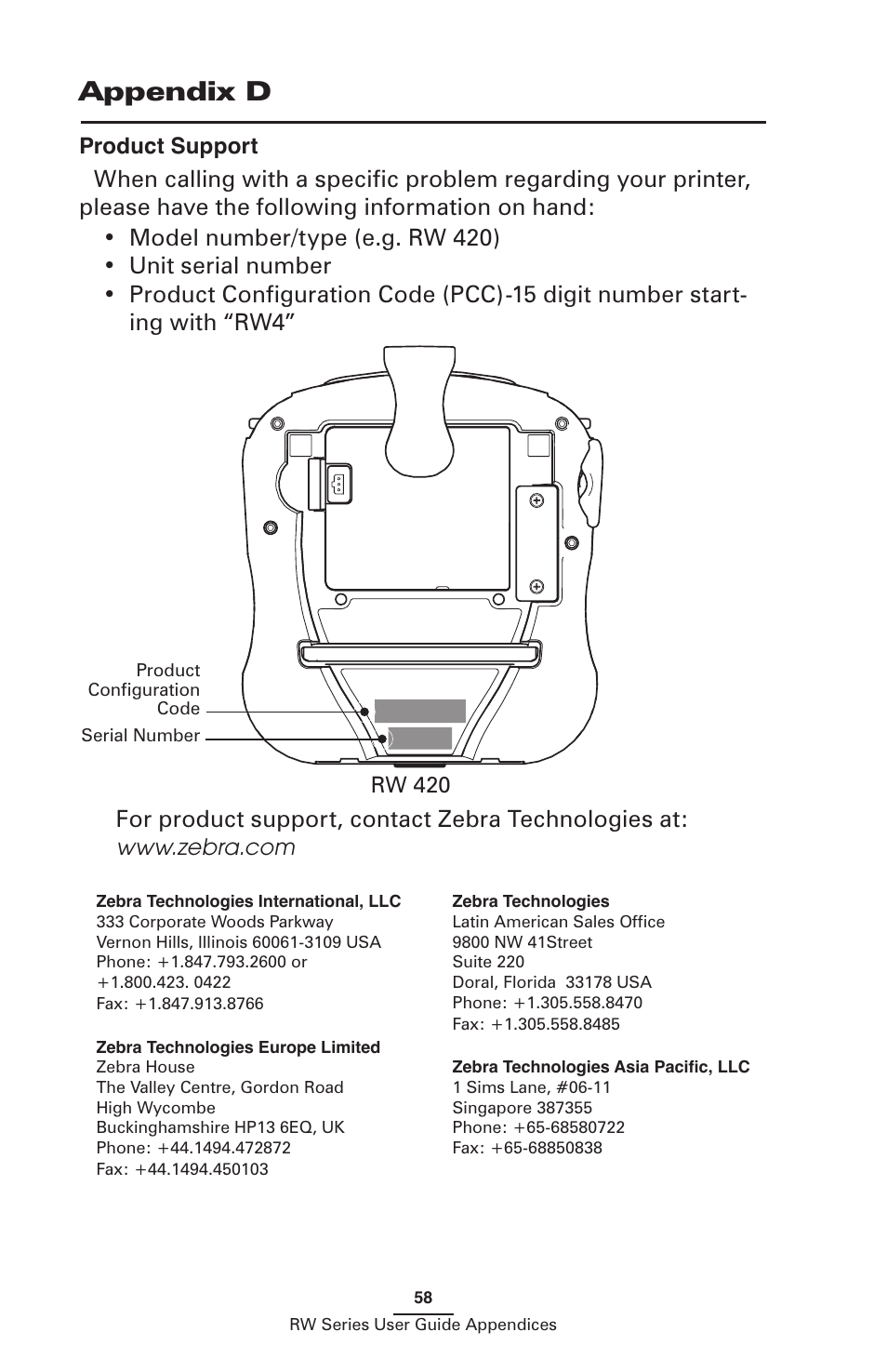 Appendix d, Product support, For product support, contact zebra technologies at | Zebra Technologies LI 72 User Manual | Page 58 / 62