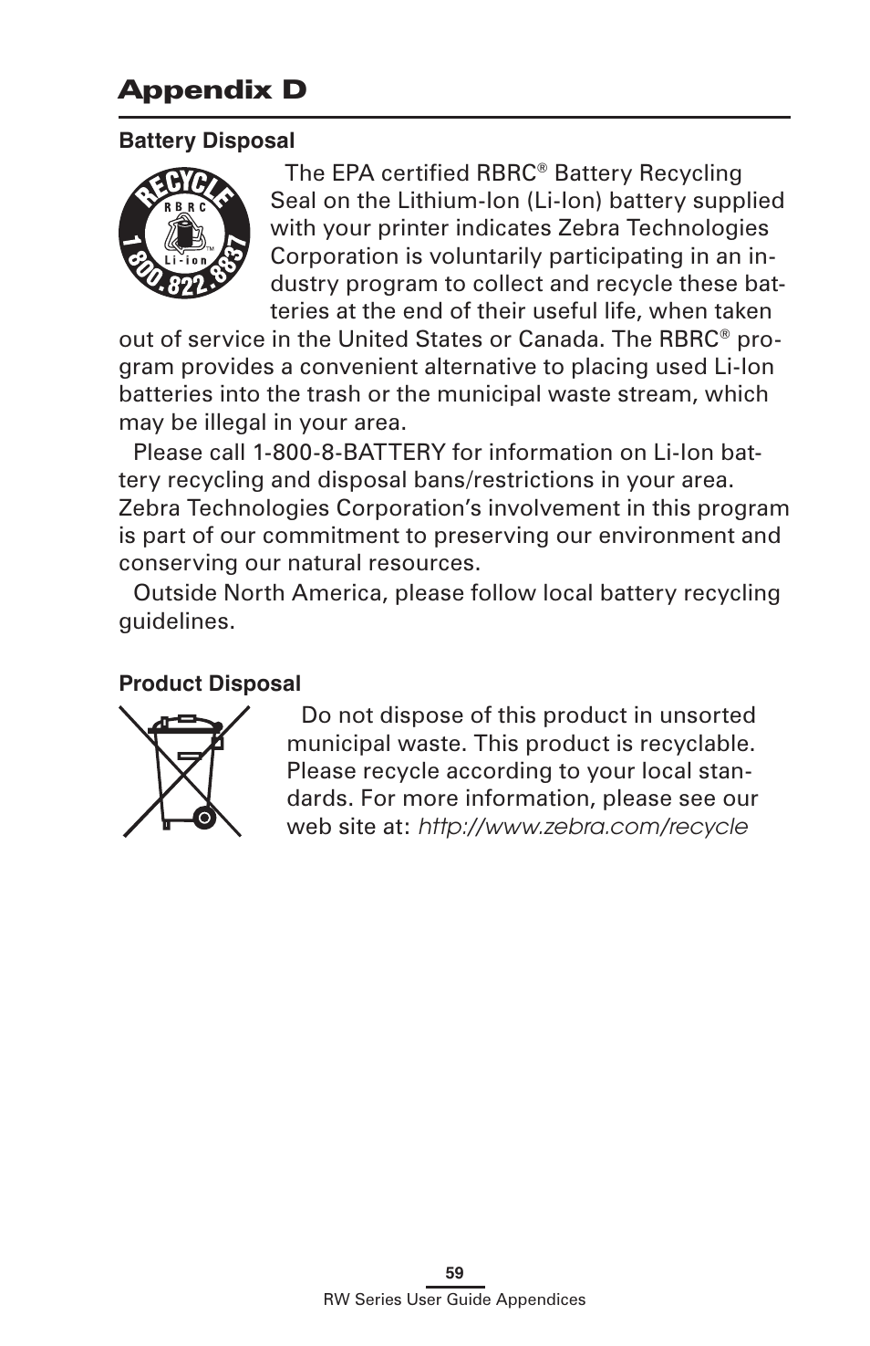 Battery disposal, Product disposal, Battery disposal product disposal | Appendix d | Zebra Technologies LI 72 User Manual | Page 59 / 62