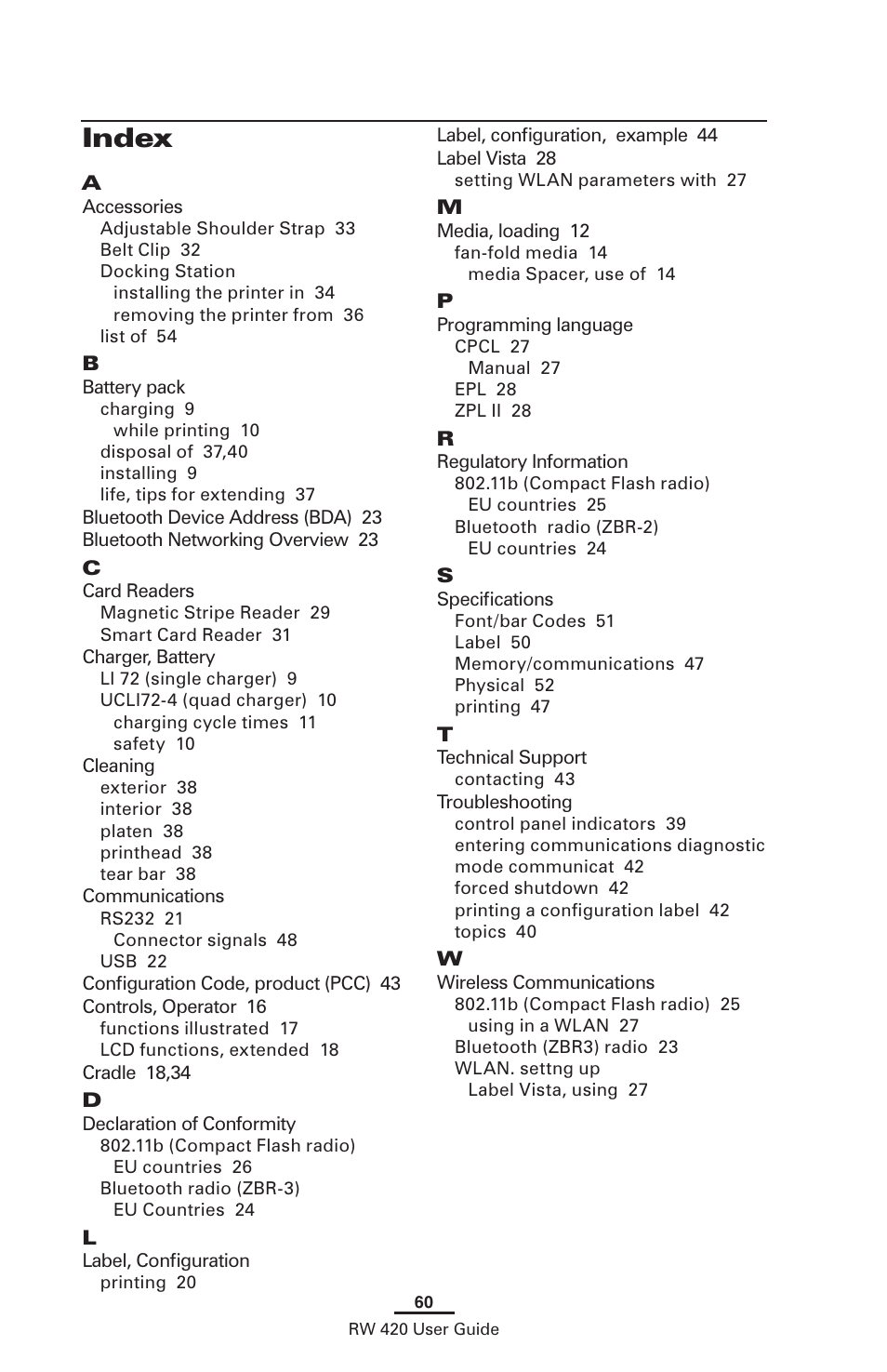 Index | Zebra Technologies LI 72 User Manual | Page 60 / 62