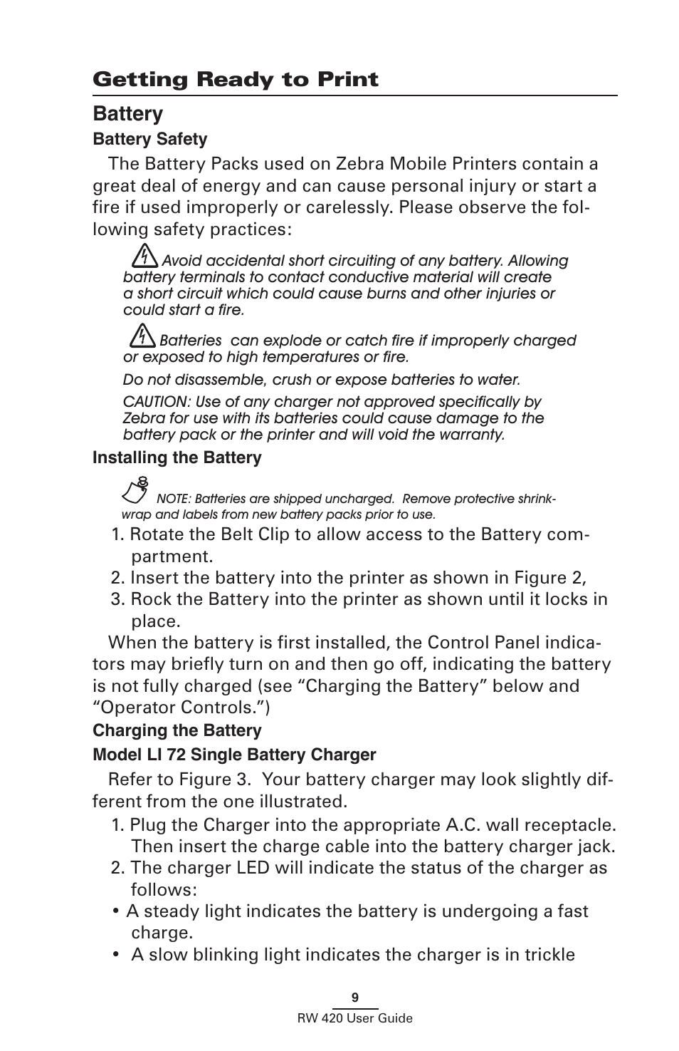 Getting ready to print, Battery, Battery safety | Installing the battery, Charging the battery, Model li 72 single battery charger, Getting ready to print battery | Zebra Technologies LI 72 User Manual | Page 9 / 62