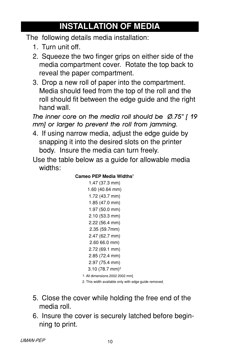 Installation of media | Zebra Technologies Cameo Portable Encoding Printer User Manual | Page 10 / 30