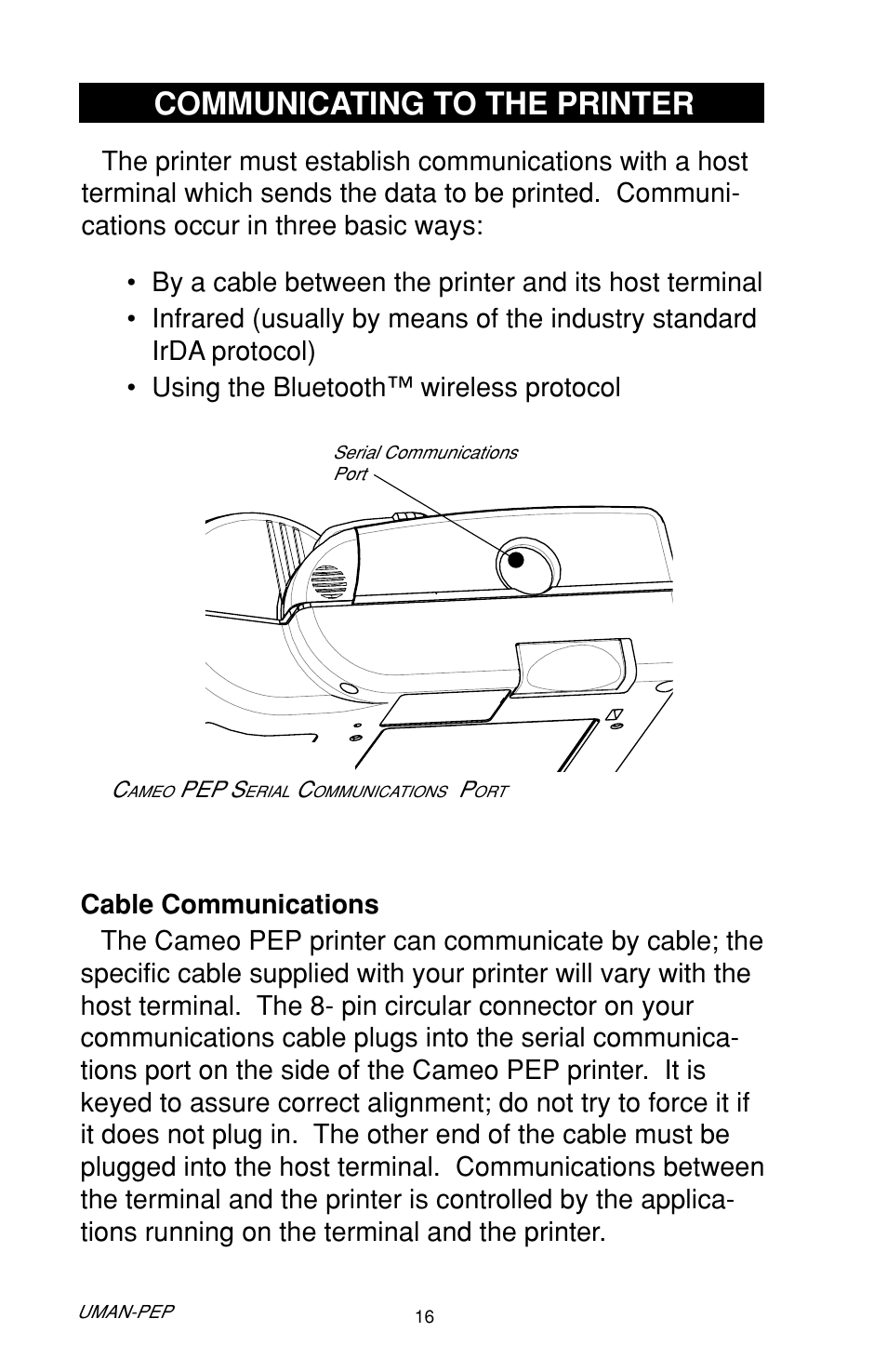 Communicating to the printer | Zebra Technologies Cameo Portable Encoding Printer User Manual | Page 16 / 30