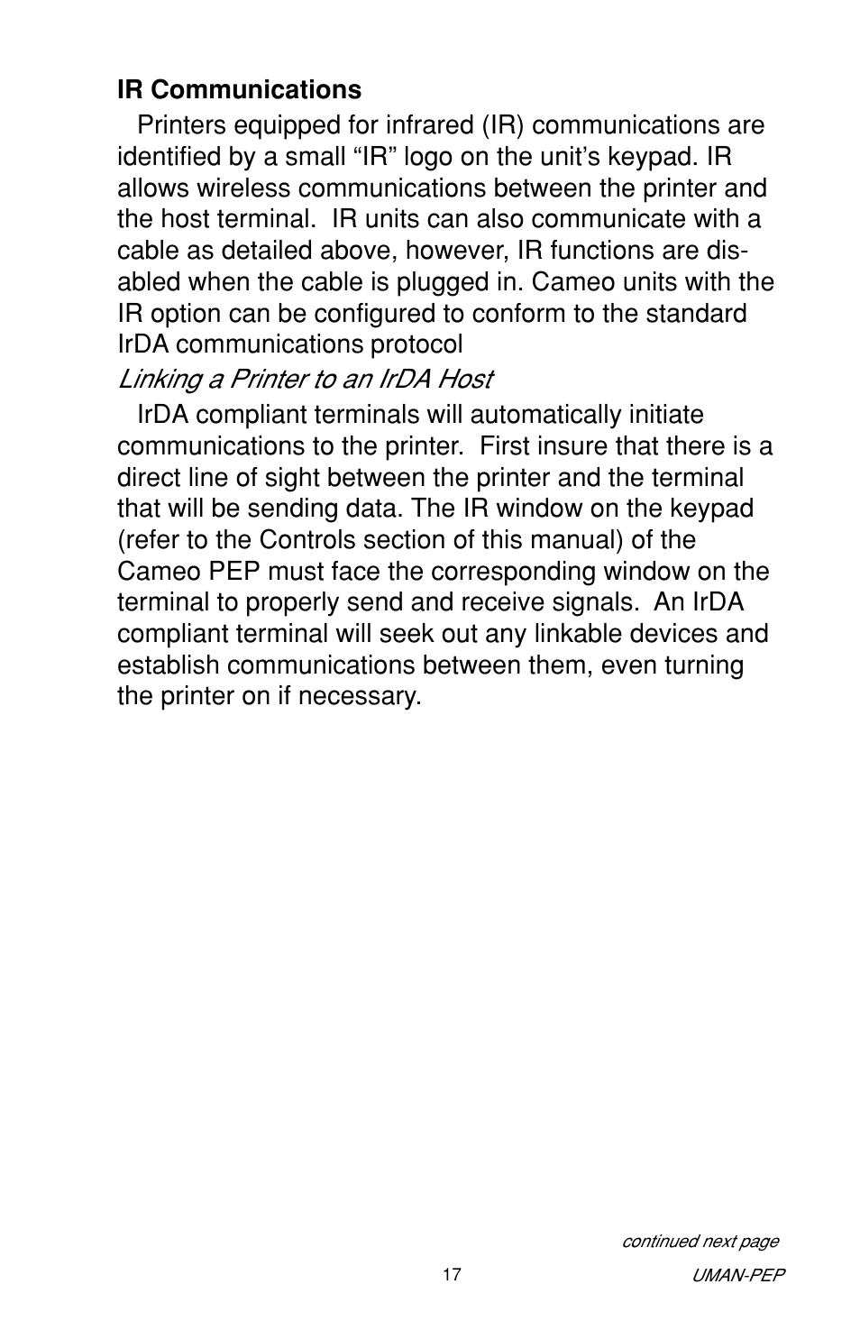 Ir communications, Linking a printer to an irda host | Zebra Technologies Cameo Portable Encoding Printer User Manual | Page 17 / 30