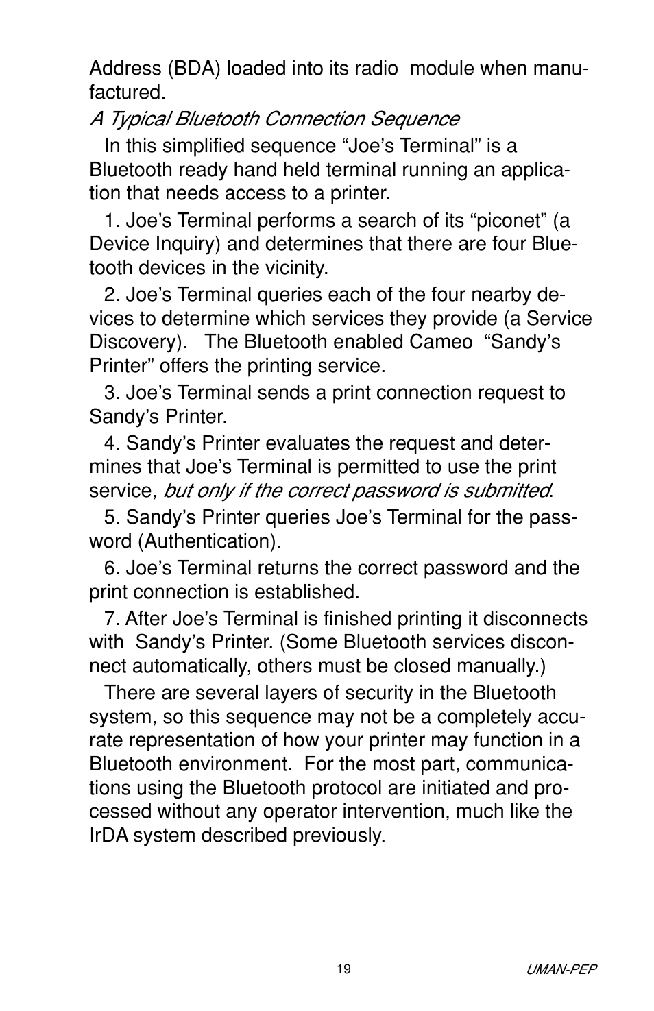 A typical bluetooth connection sequence, But only if the correct password is submitted | Zebra Technologies Cameo Portable Encoding Printer User Manual | Page 19 / 30