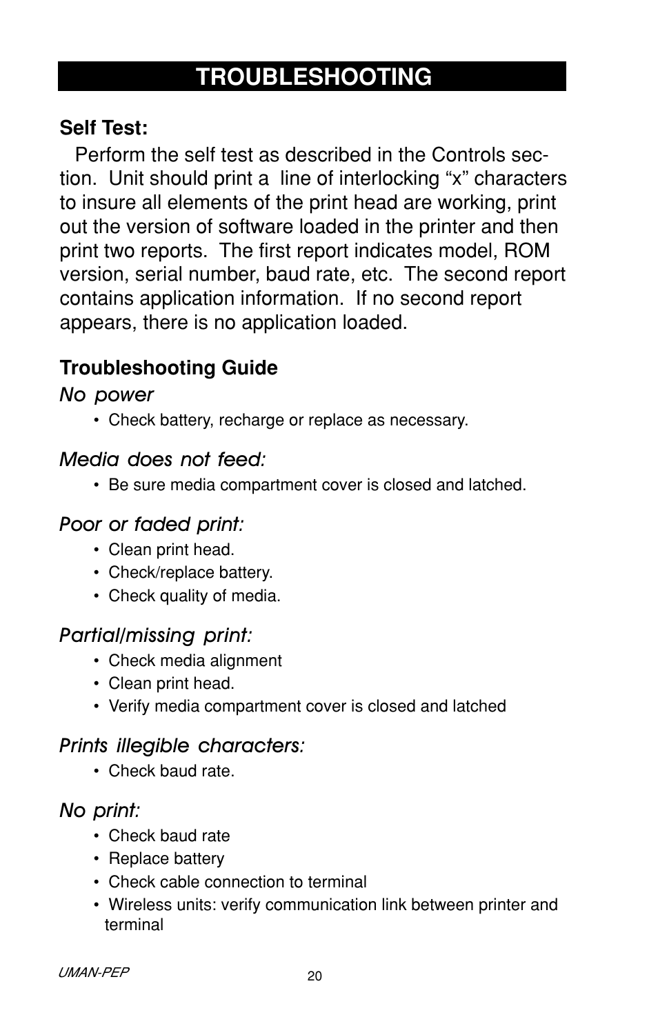 Troubleshooting, Self test, Troubleshooting guide | Self test: troubleshooting guide | Zebra Technologies Cameo Portable Encoding Printer User Manual | Page 20 / 30