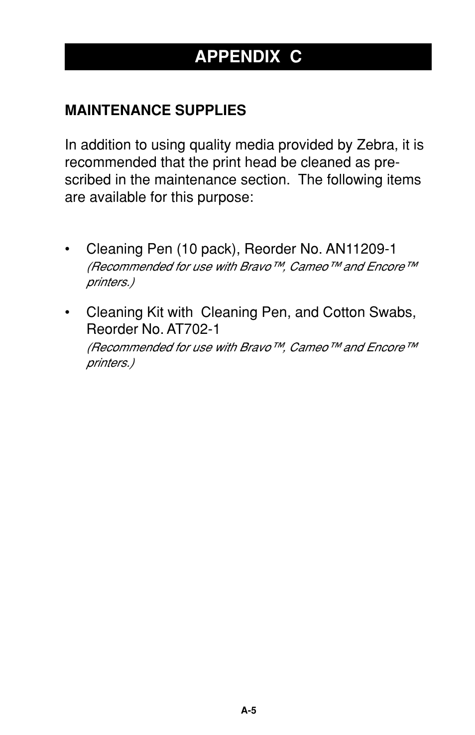 Appendix c - maintenance supplies, Appendix c - maintenance supplies ...... a-5, Appendix c | Zebra Technologies Cameo Portable Encoding Printer User Manual | Page 27 / 30