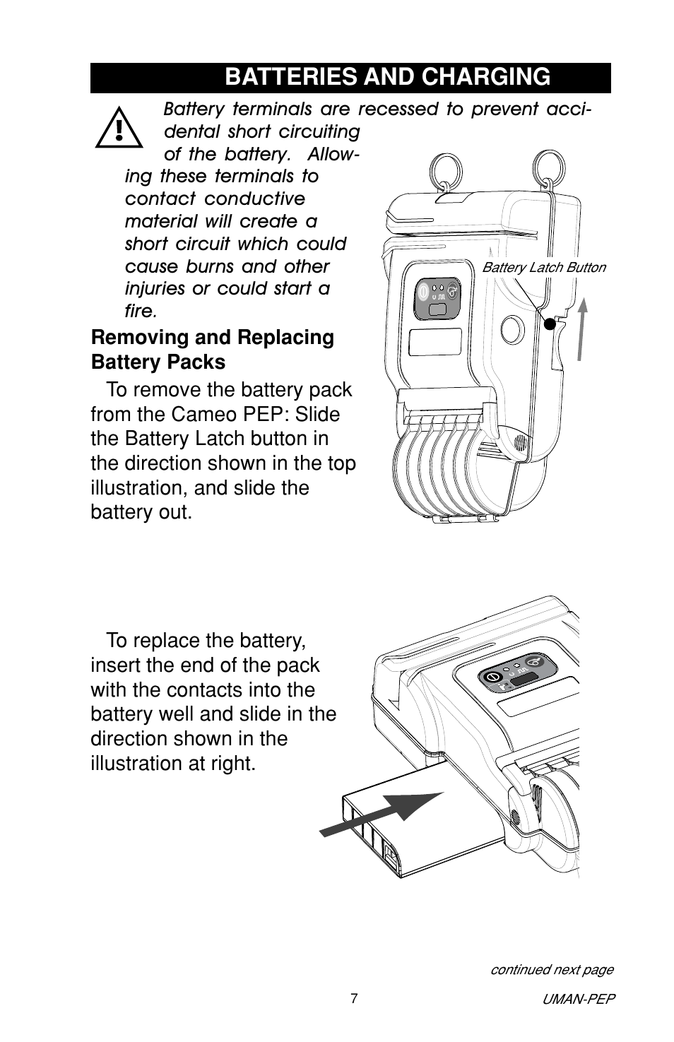Batteries and charging, Removing and replacing battery packs | Zebra Technologies Cameo Portable Encoding Printer User Manual | Page 7 / 30