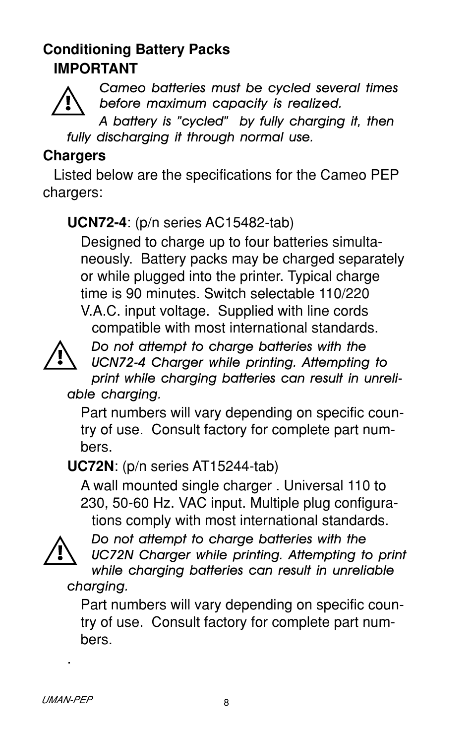Conditioning battery packs, Chargers, Conditioning battery packs chargers | Zebra Technologies Cameo Portable Encoding Printer User Manual | Page 8 / 30