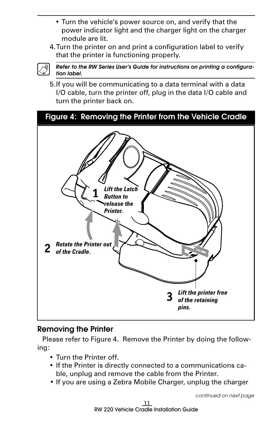 Removing the printer | Zebra Technologies RW 220 User Manual | Page 11 / 16