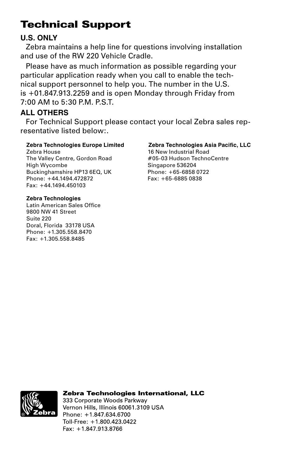 Technical support | Zebra Technologies RW 220 User Manual | Page 16 / 16