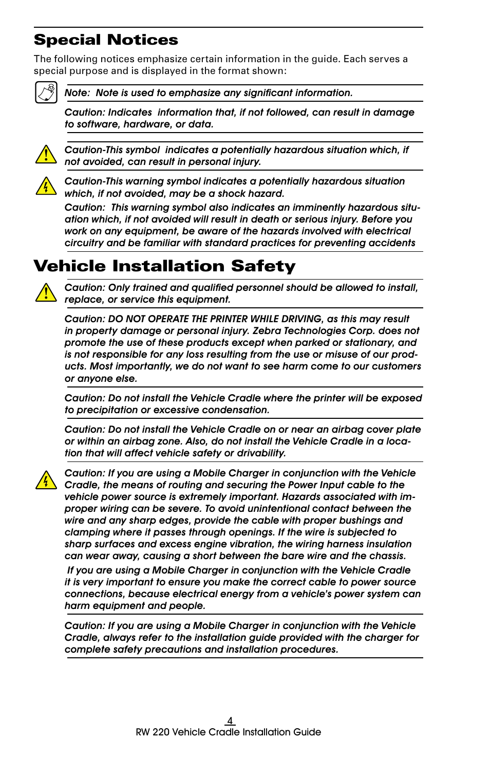 Vehicle installation safety, Special notices | Zebra Technologies RW 220 User Manual | Page 4 / 16