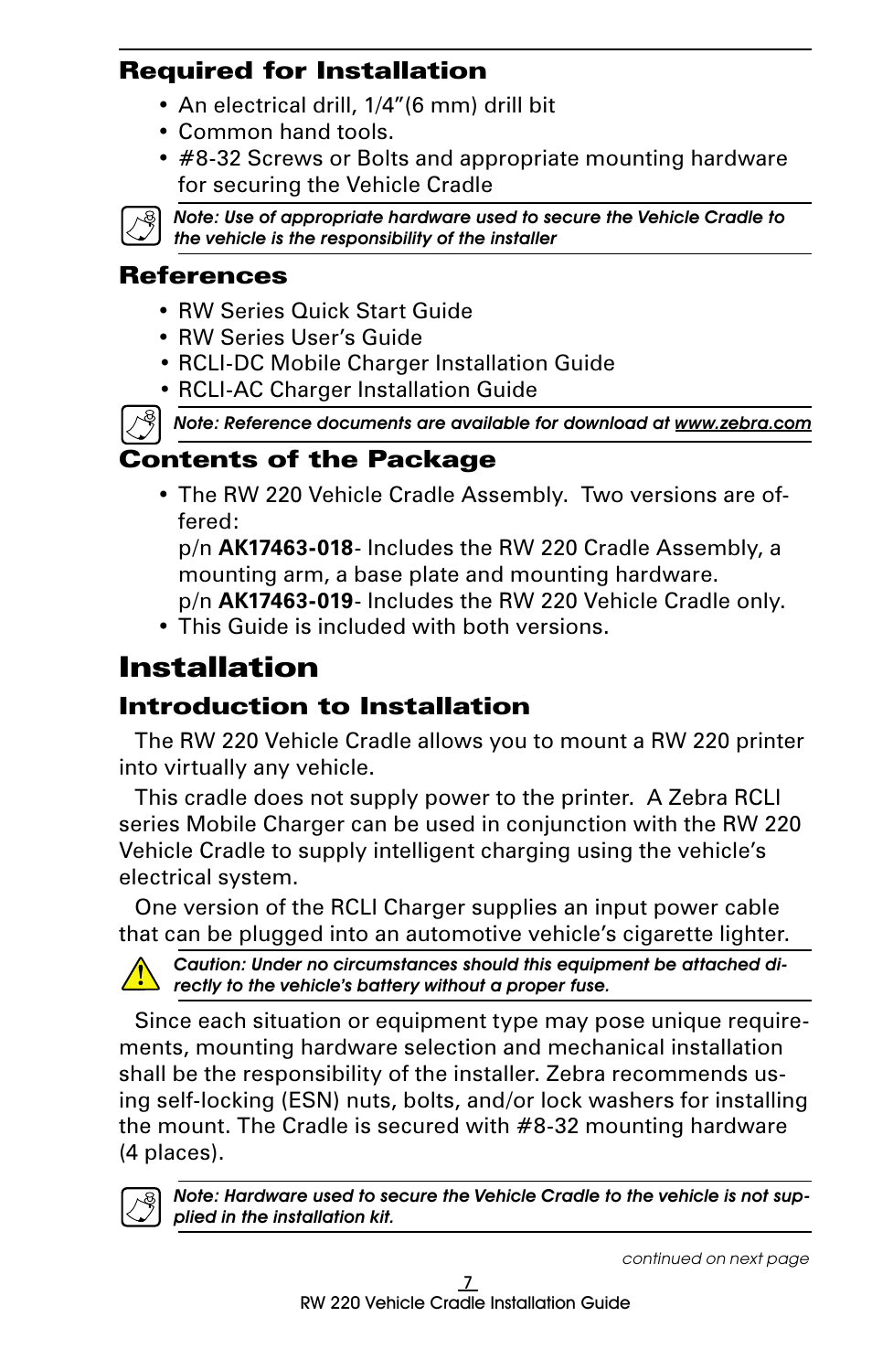 Required for installation, References, Contents of the package | Installation, Introduction to installation | Zebra Technologies RW 220 User Manual | Page 7 / 16