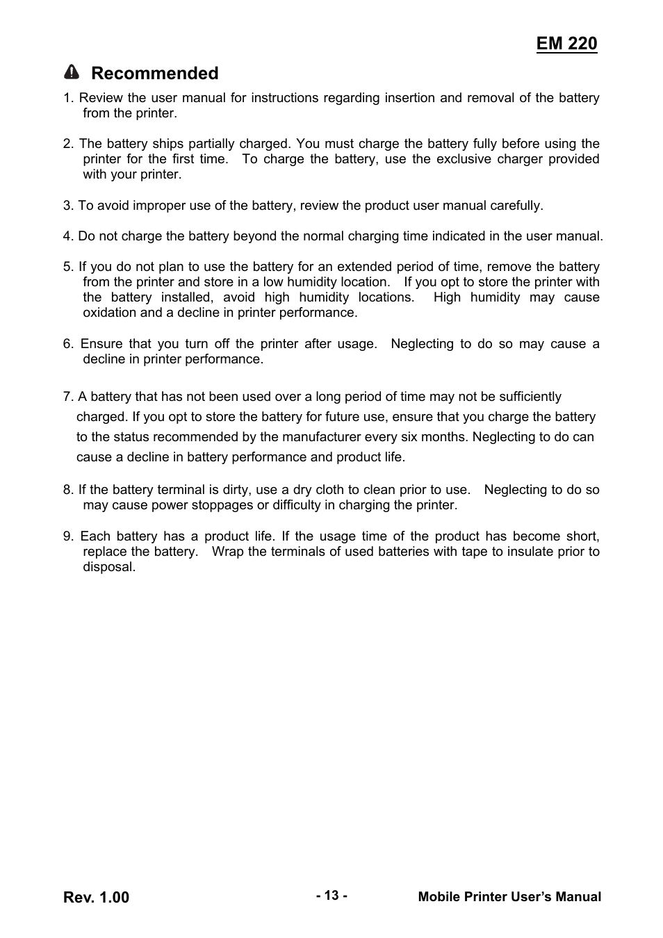Em 220, Recommended | Zebra Technologies EM 220 User Manual | Page 13 / 30