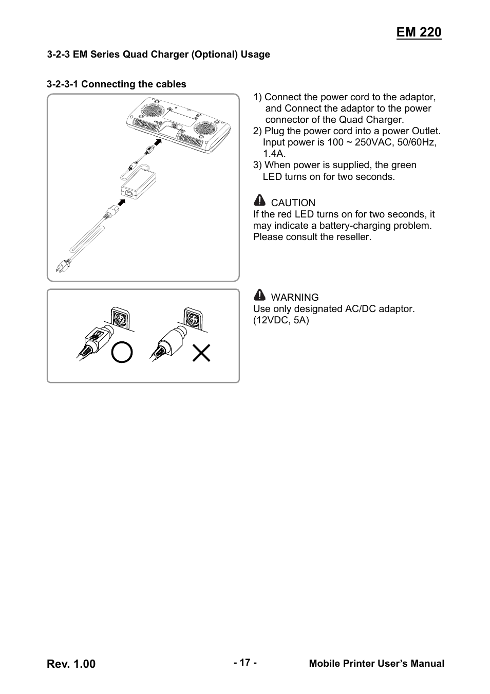 2-3 em series quad charger (optional) usage, Em 220, Rev. 1.00 | Zebra Technologies EM 220 User Manual | Page 17 / 30