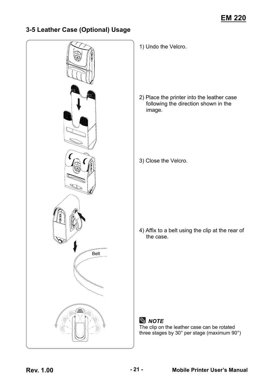 5 leather case (optional) usage, Em 220 | Zebra Technologies EM 220 User Manual | Page 21 / 30