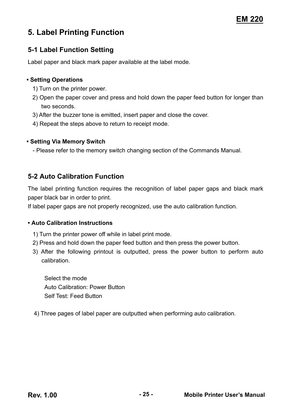 Label printing function, 1 label function setting, 2 auto calibration function | Em 220 | Zebra Technologies EM 220 User Manual | Page 25 / 30