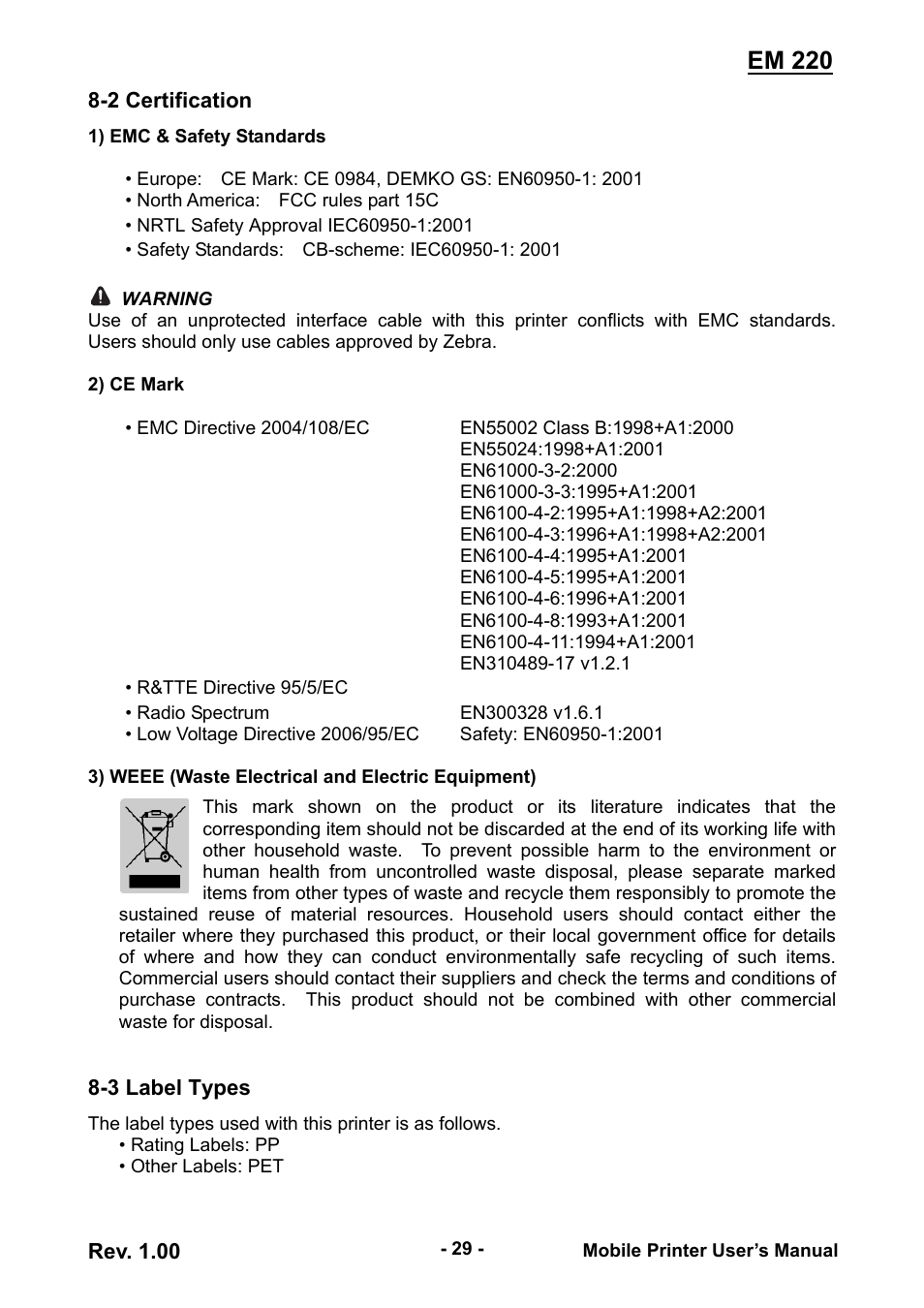 2 certification, 3 label types, Em 220 | Zebra Technologies EM 220 User Manual | Page 29 / 30