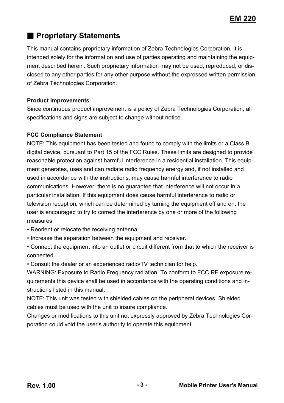 Em 220, Proprietary statements | Zebra Technologies EM 220 User Manual | Page 3 / 30