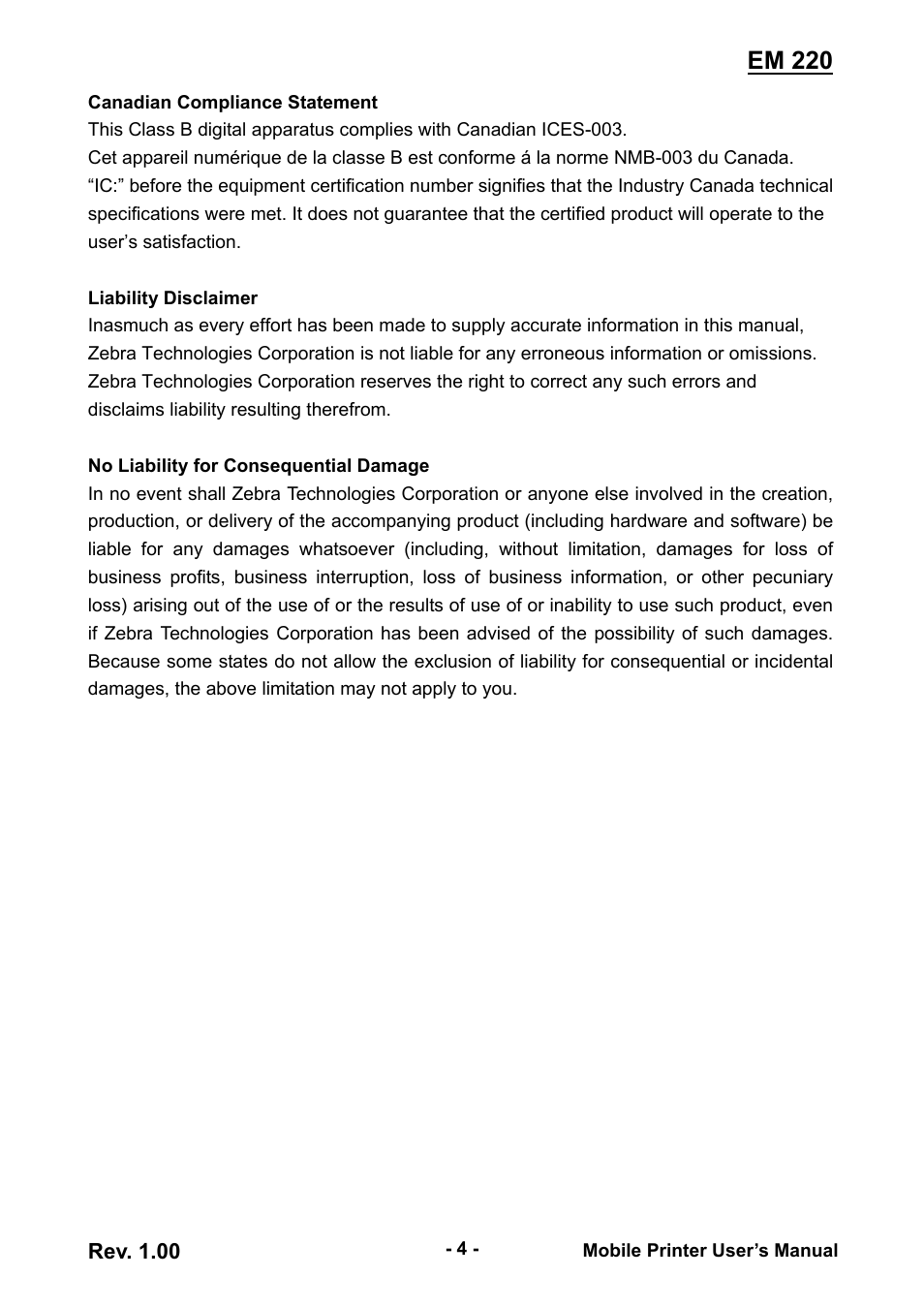 Em 220 | Zebra Technologies EM 220 User Manual | Page 4 / 30