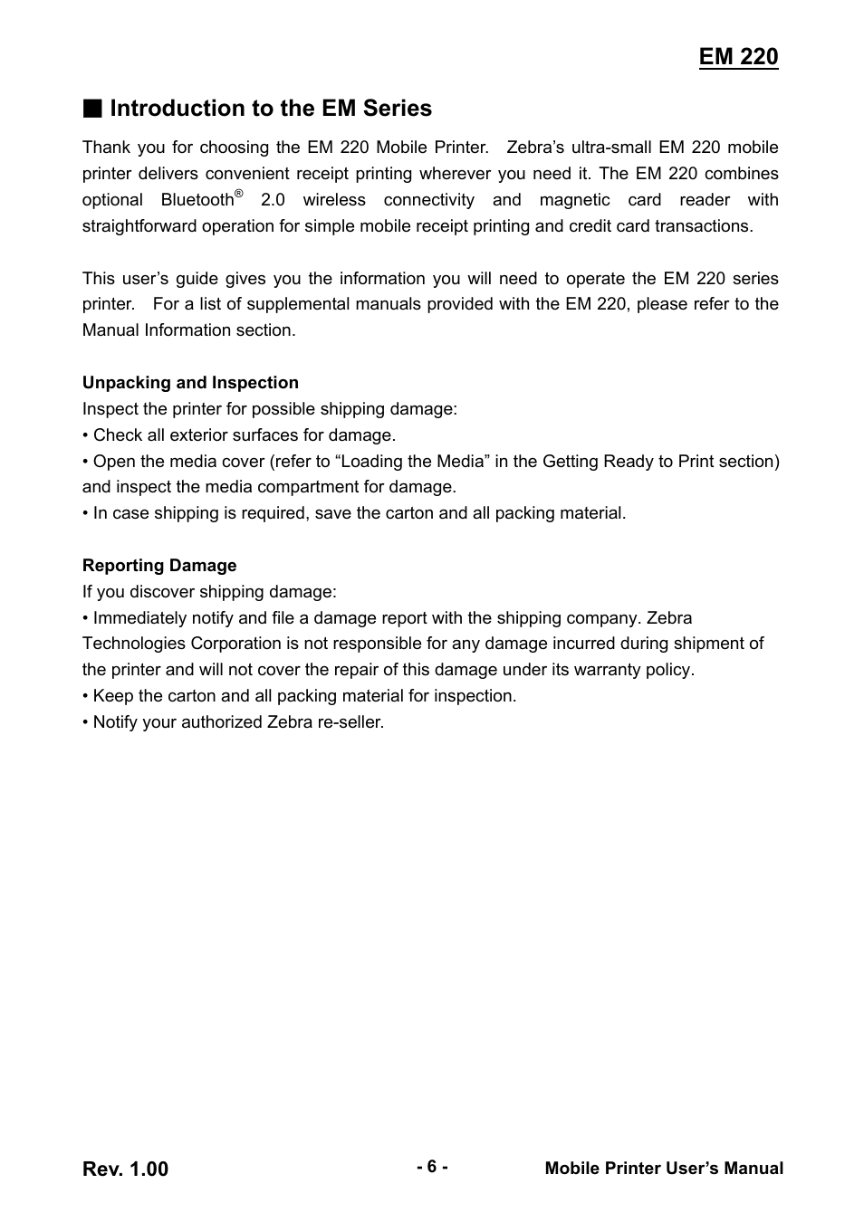 Em 220, Introduction to the em series | Zebra Technologies EM 220 User Manual | Page 6 / 30