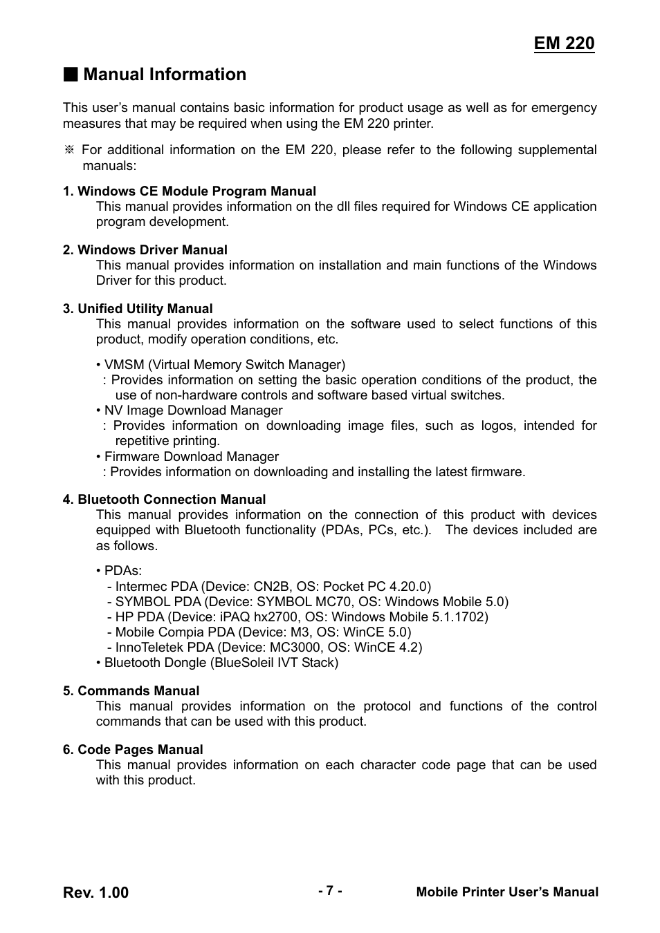 Manual information & usage precautions, Em 220, Manual information | Rev. 1.00 | Zebra Technologies EM 220 User Manual | Page 7 / 30