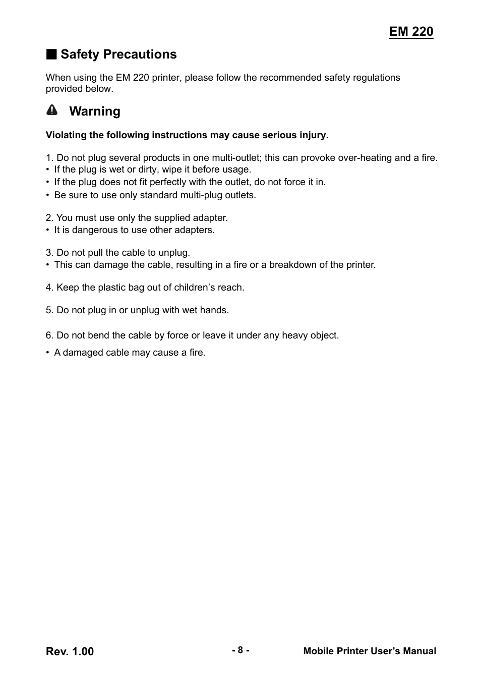 Em 220, Safety precautions, Warning | Zebra Technologies EM 220 User Manual | Page 8 / 30