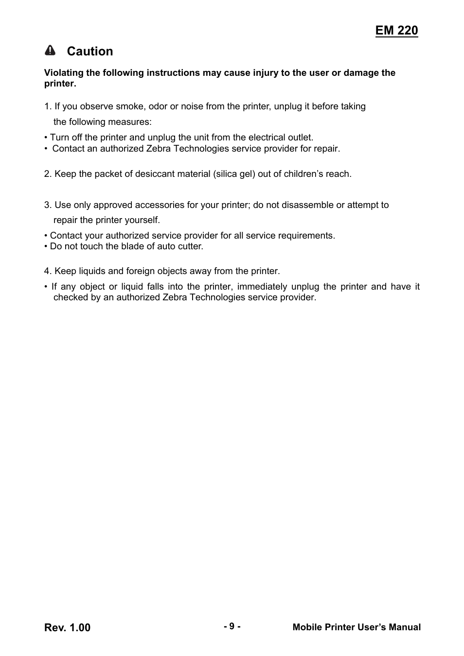 Em 220, Caution | Zebra Technologies EM 220 User Manual | Page 9 / 30