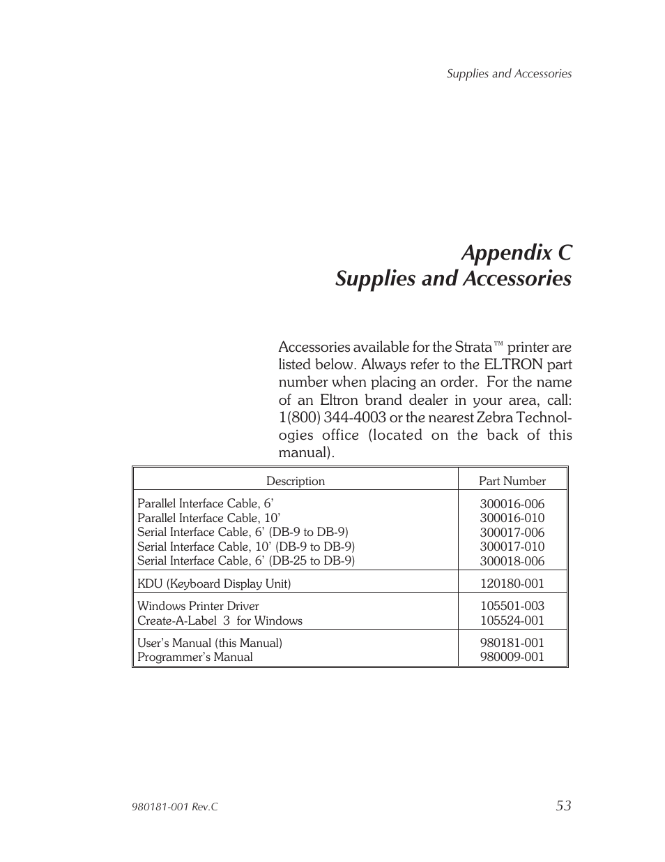 Sup plies and ac ces sories 53, Appendix c supplies and accessories | Zebra Technologies Strata Thermal Printers User Manual | Page 61 / 70