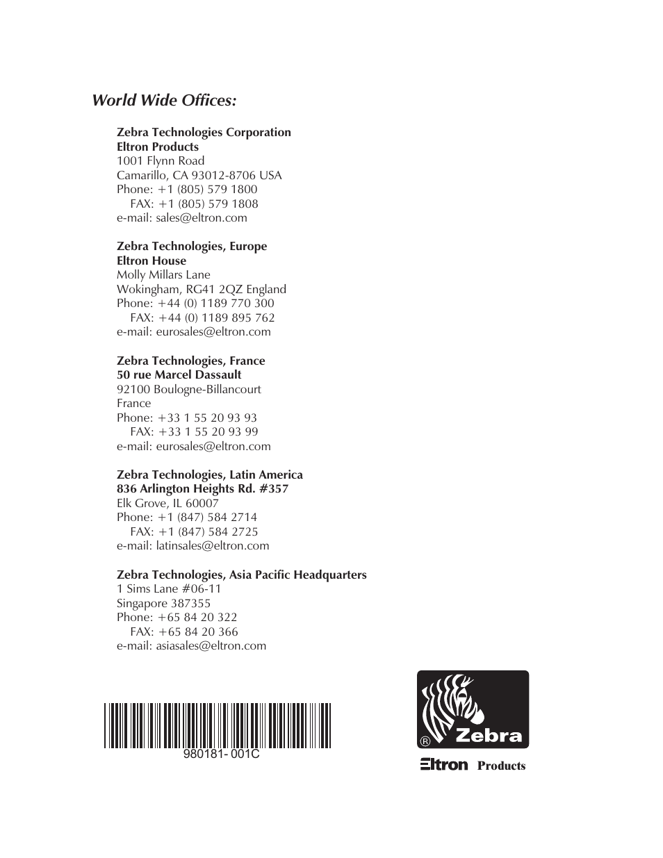 World wide offices | Zebra Technologies Strata Thermal Printers User Manual | Page 70 / 70