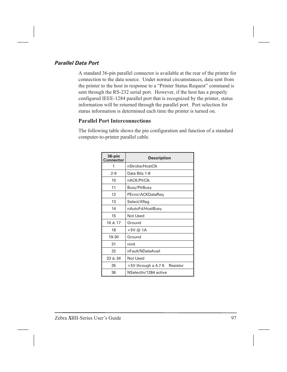 Parallel data port 97, Parallel data port, Parallel port interconnections | Zebra Technologies XiIII User Manual | Page 103 / 108