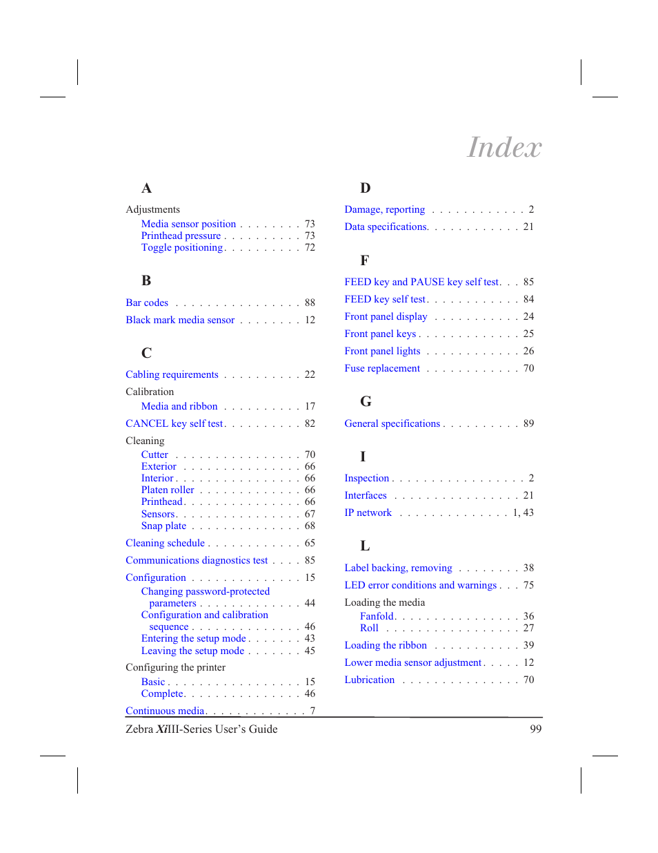 Index | Zebra Technologies XiIII User Manual | Page 105 / 108