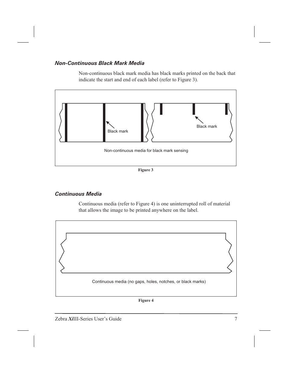 Non-continuous black mark media, Continuous media | Zebra Technologies XiIII User Manual | Page 13 / 108